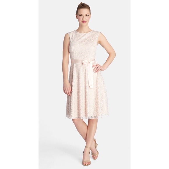 Tahari Dresses & Skirts - Tahari Arthur S Levine Ribbon Trim Metallic Lace Fit & Flare Dress, Size 8 EUC